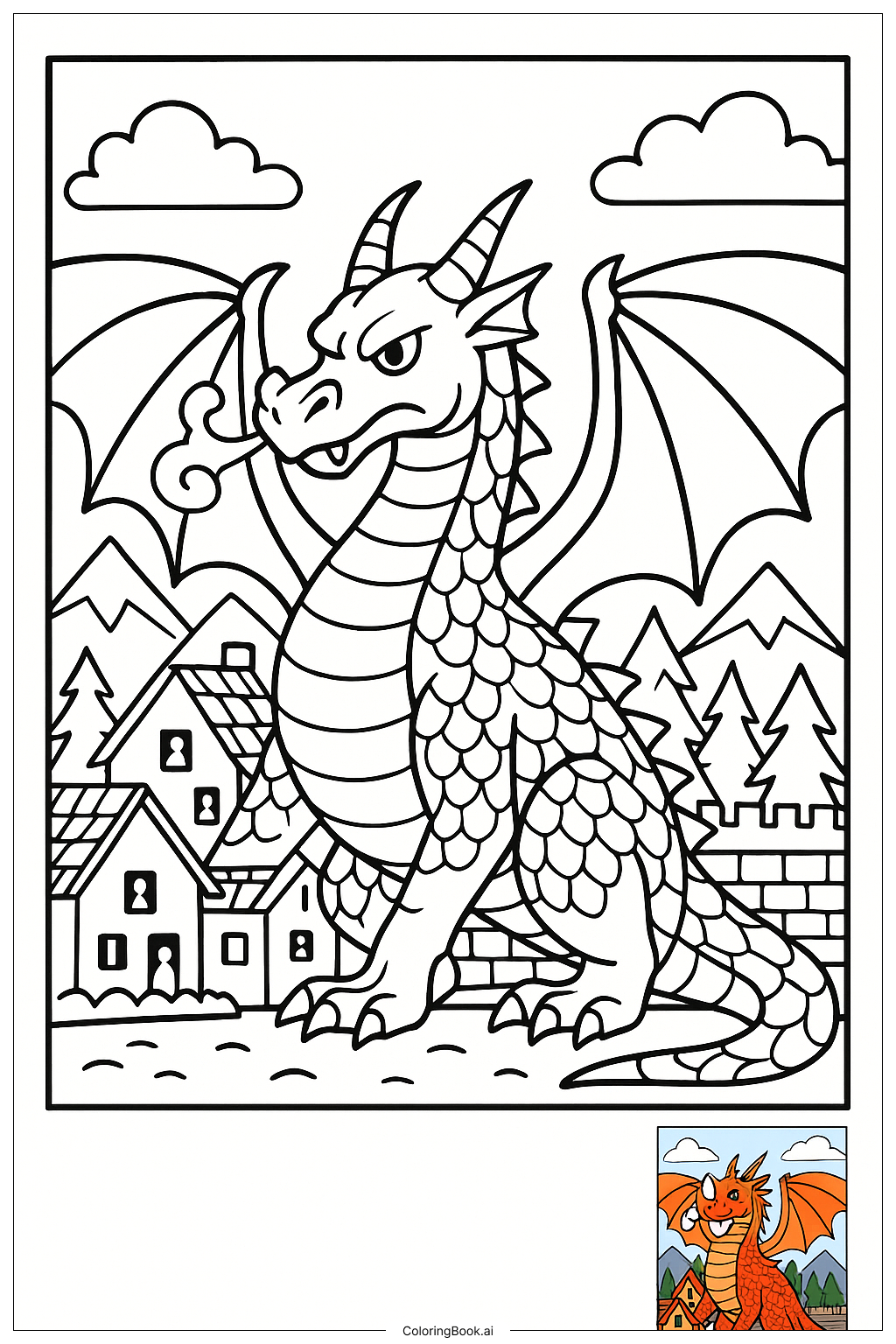  攻撃から村を守るドラゴンの塗り絵ページ 