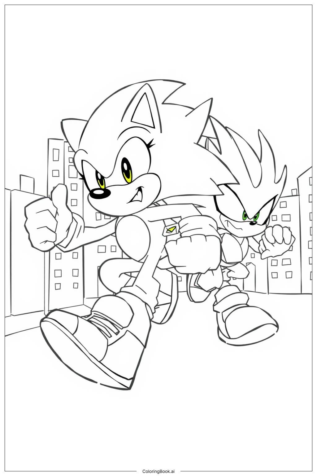  Página para colorir de metal sonic perseguindo sonic pela cidade 