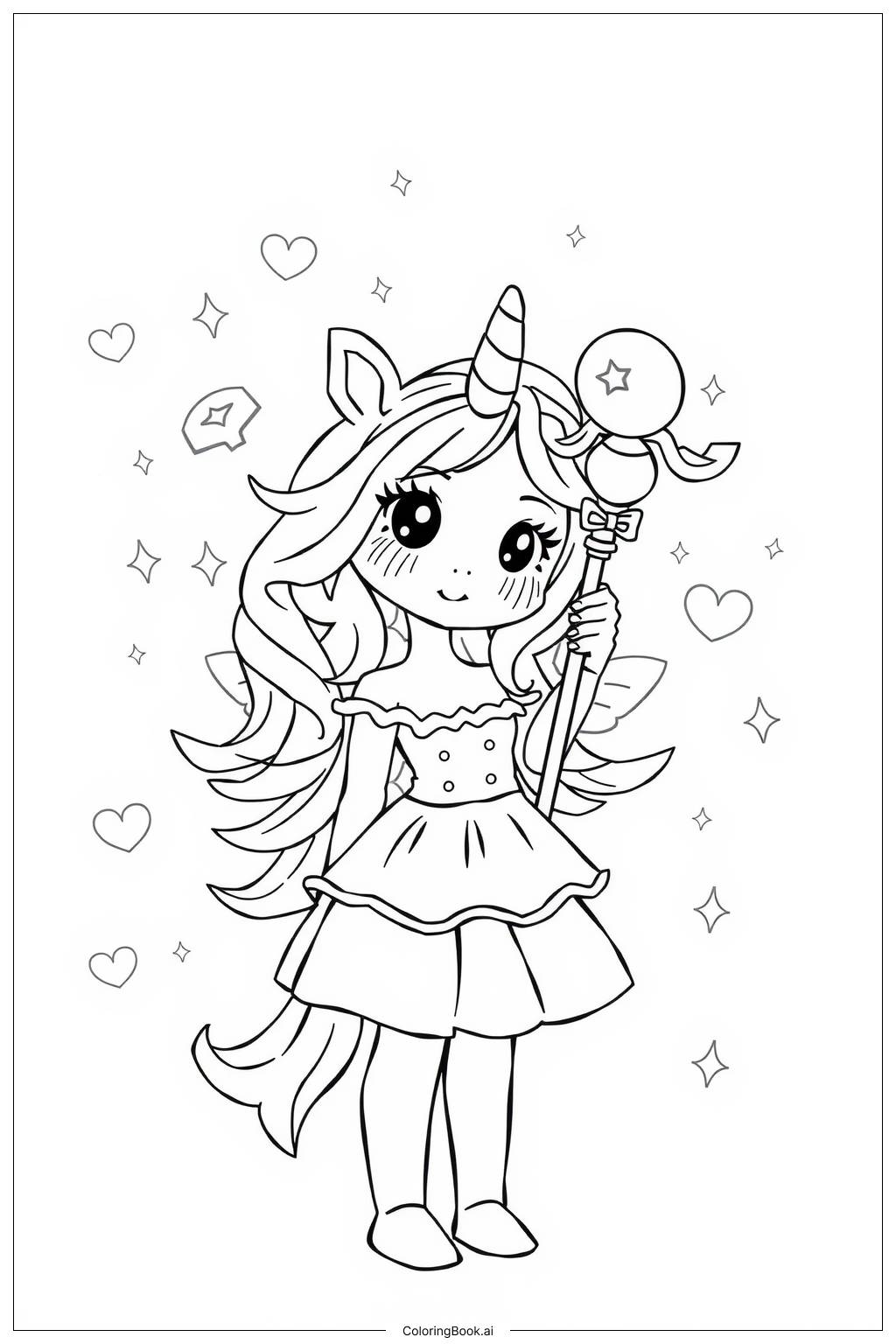  unicorn girl with wings and a magical staff Coloring Page 