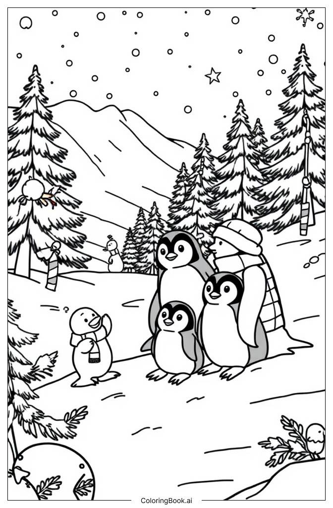  Página para colorear de reunión familiar de pingüinos bajando en trineo por la colina nevada 