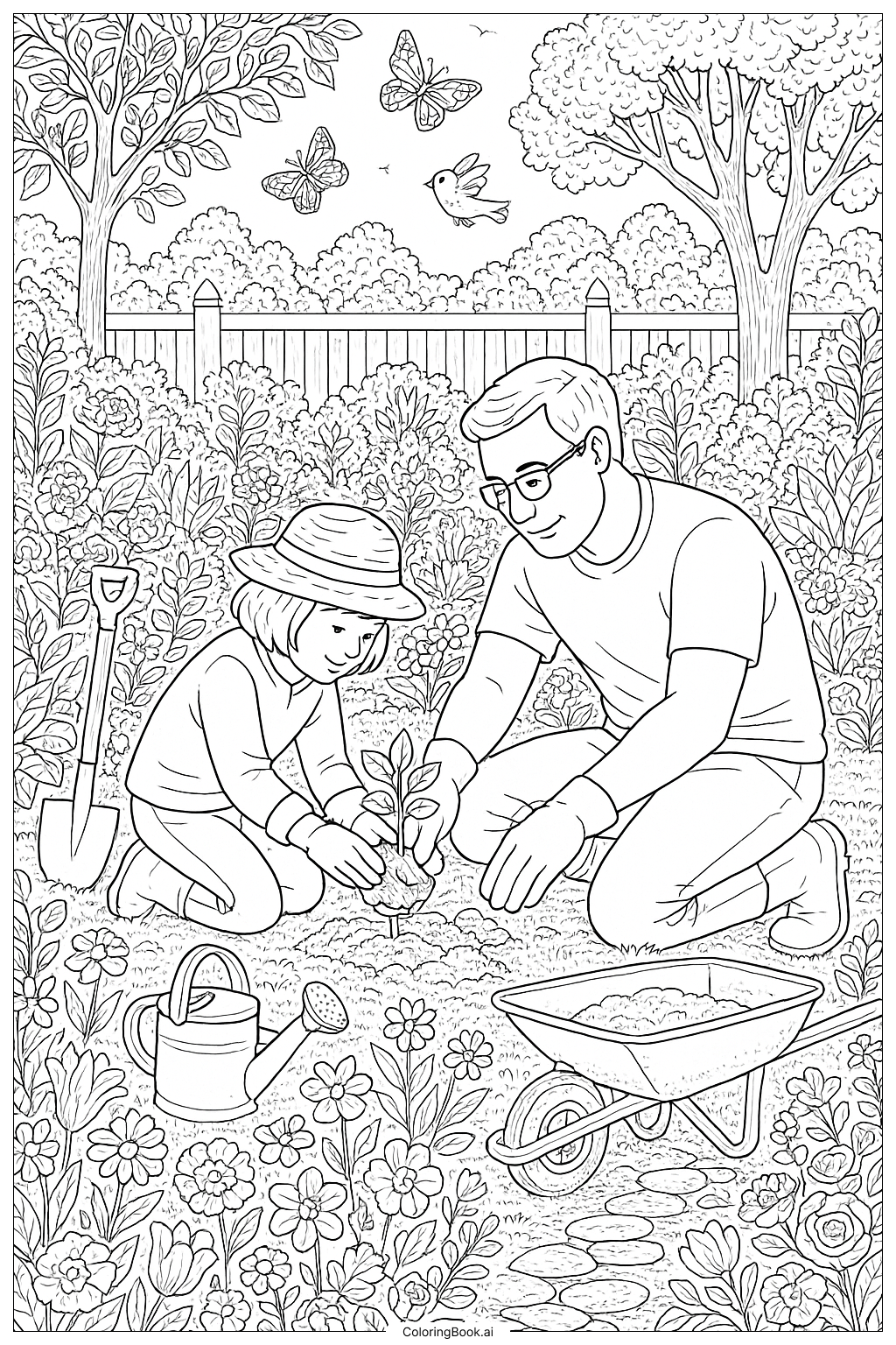 Detailed Fathers Day Garden Scene Coloring Page
