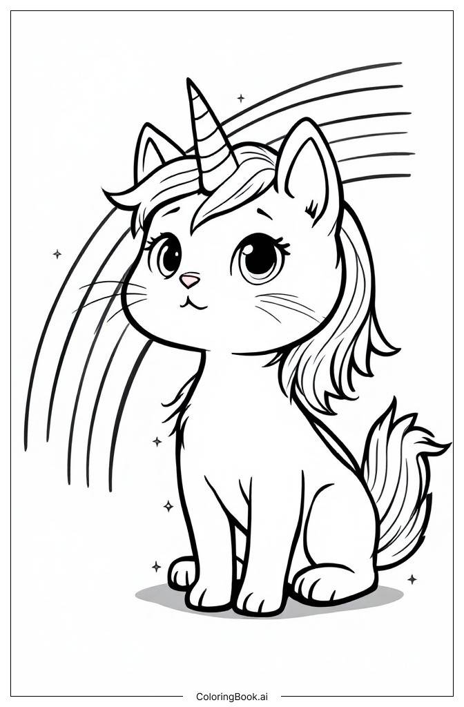  Página para colorear de Gato Unicornio con Arcoíris 