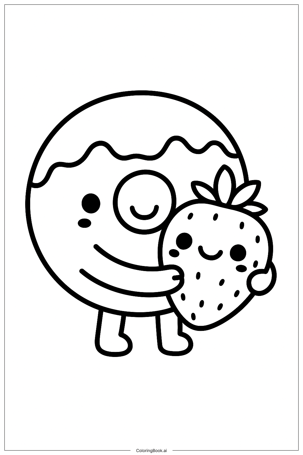  Kawaii Donut Hugging A Strawberry Coloring Page 