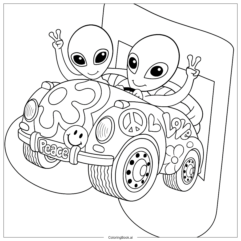  Page de coloriage Des extraterrestres conduisent une voiture peinte avec des symboles de la culture hippie 