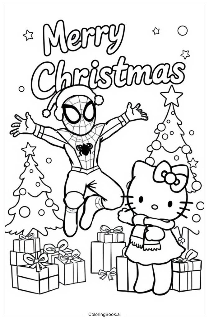  Spider-Man und Hello Kitty verbringen gemeinsam Weihnachten Ausmalseite 