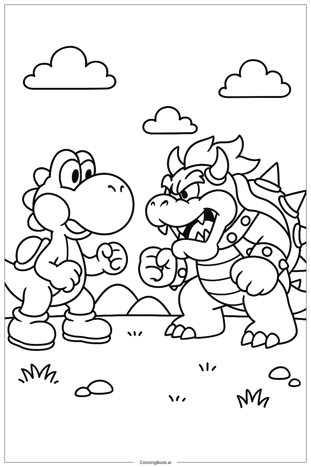 Yoshi and Bowser Facing Off Coloring Page (Free PDF&PNG