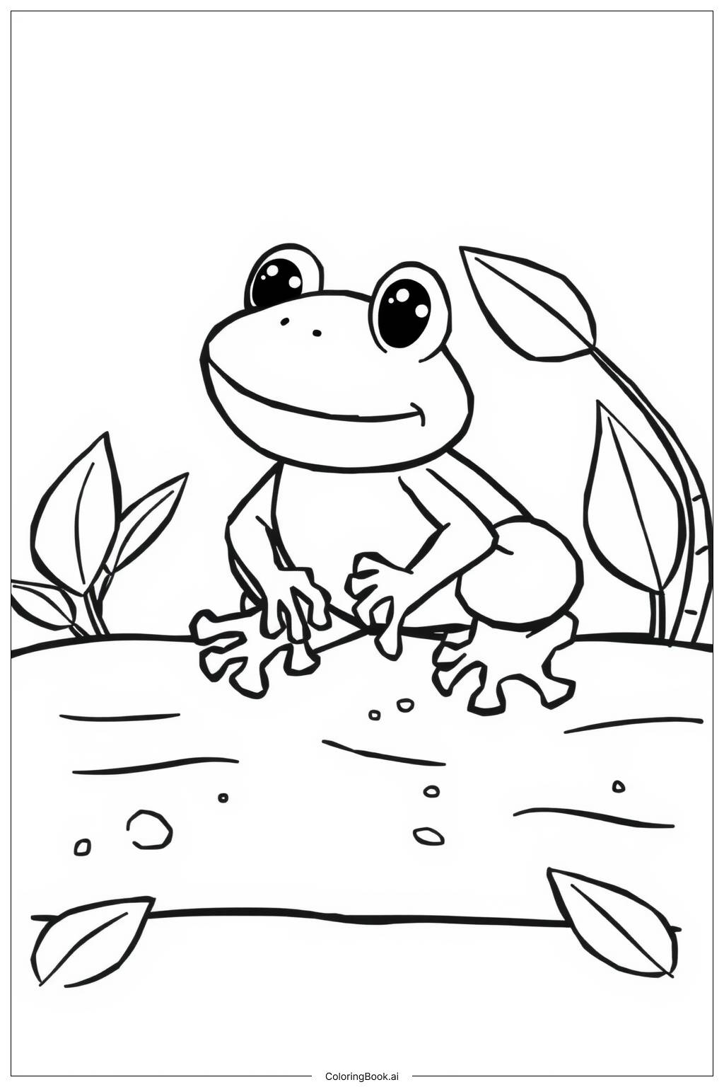  Page de coloriage Grenouille mignonne sautant sur une bûche 