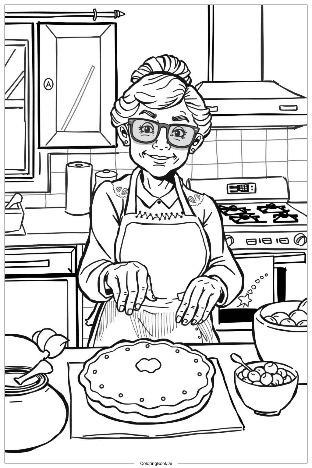  Granny Baking an Apple Pie-2 Coloring Page 