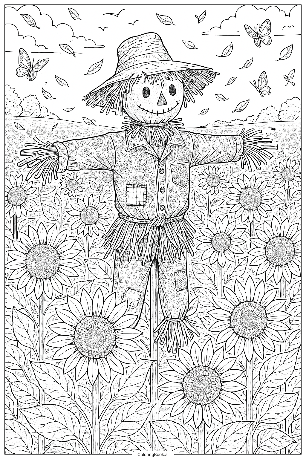 Scarecrow Amidst A Field Of Towering Sunflowers Coloring Page