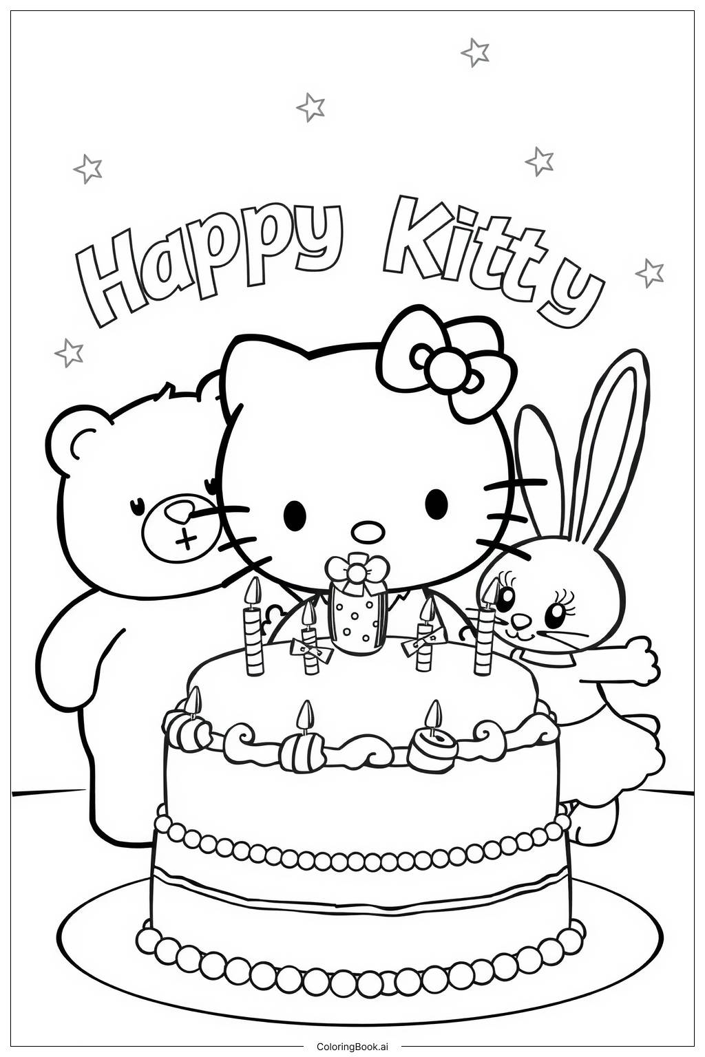  Página para colorir de hello kitty e amigos em uma festa de aniversário 