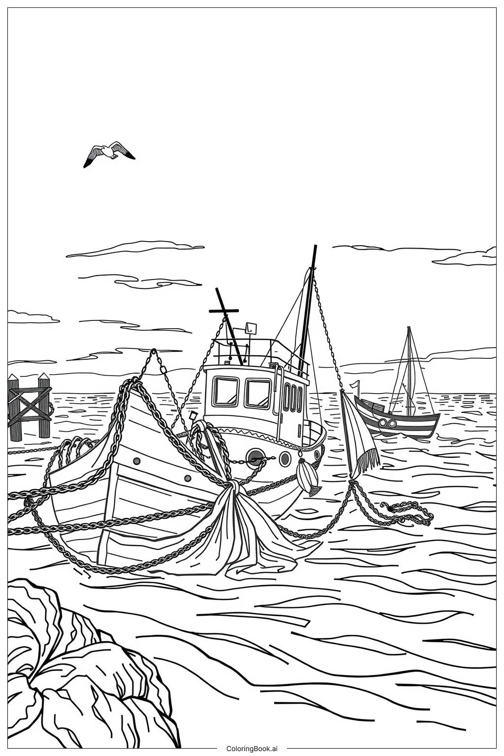  Page de coloriage Bateau de pêche au lever du soleil avec des filets 