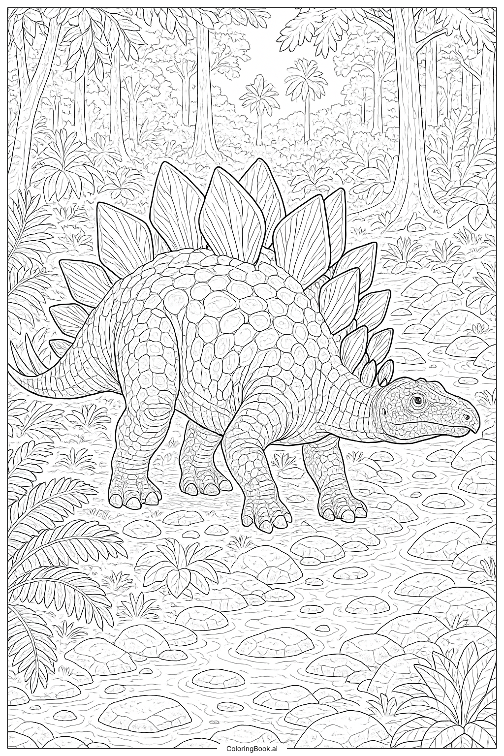 Realistischer Stegosaurus in seinem Lebensraum Ausmalseite