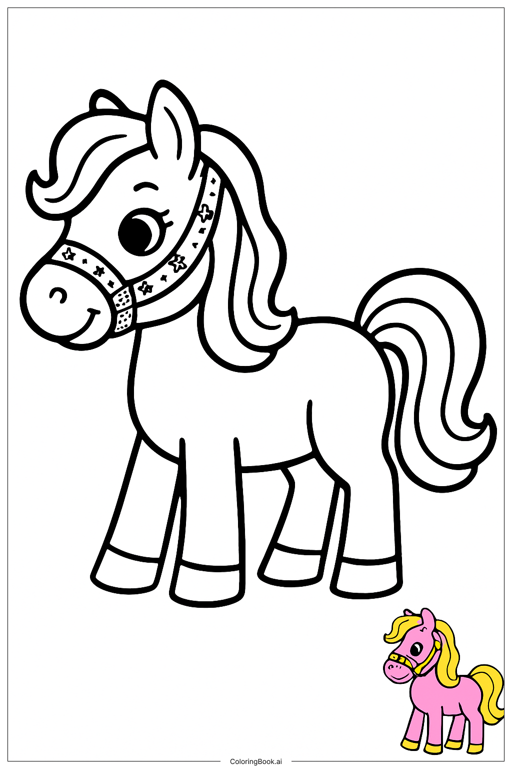  Página para colorir de Barbie Estilizando Cavalo com Freio Brilhante 