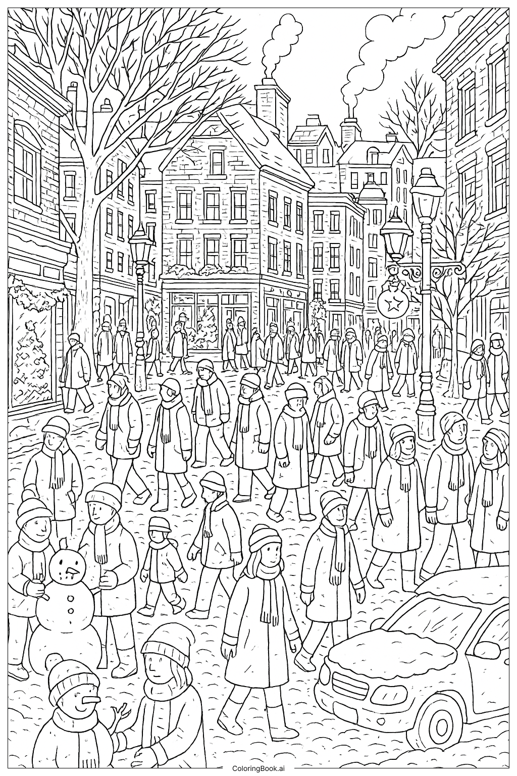  賑やかな冬の街の風景の塗り絵ページ 