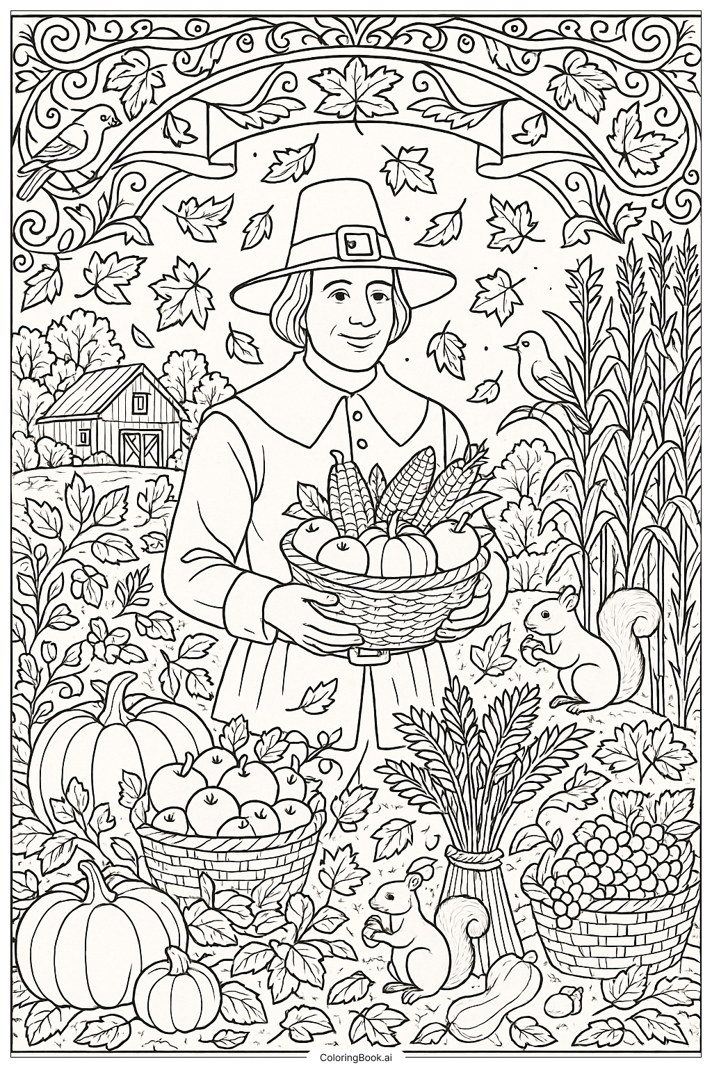  추수감사절 축하하는 필그림 색칠공부 페이지 