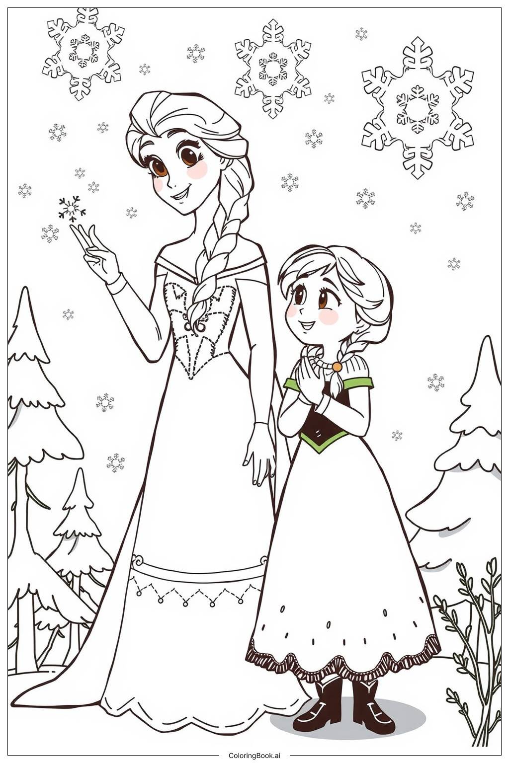  Elsa and Anna in the Snow Coloring Page 