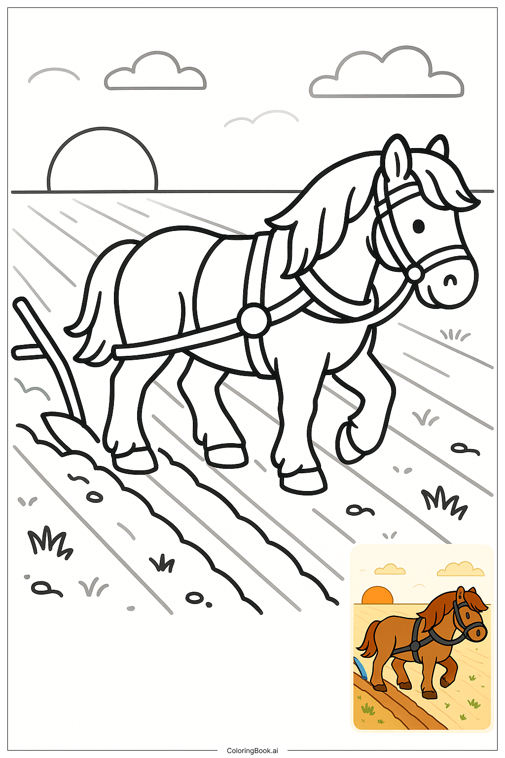  夕日に照らされた農耕馬の塗り絵ページ 