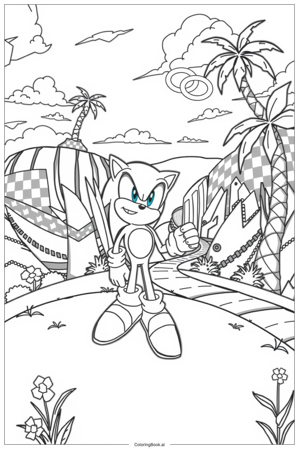  Página para colorir de sonic sorrindo na zona da colina verde-2 