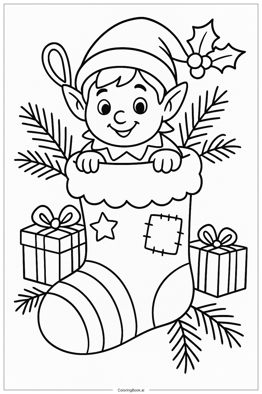  Elf Hiding In A Stocking填色页 