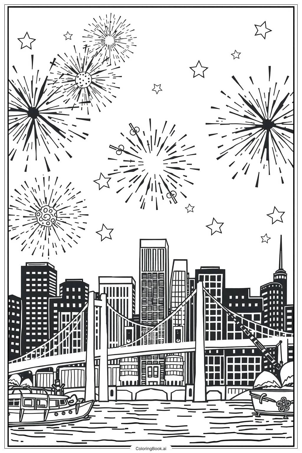  Fireworks Lighting Up the City Sky-2 Coloring Page 