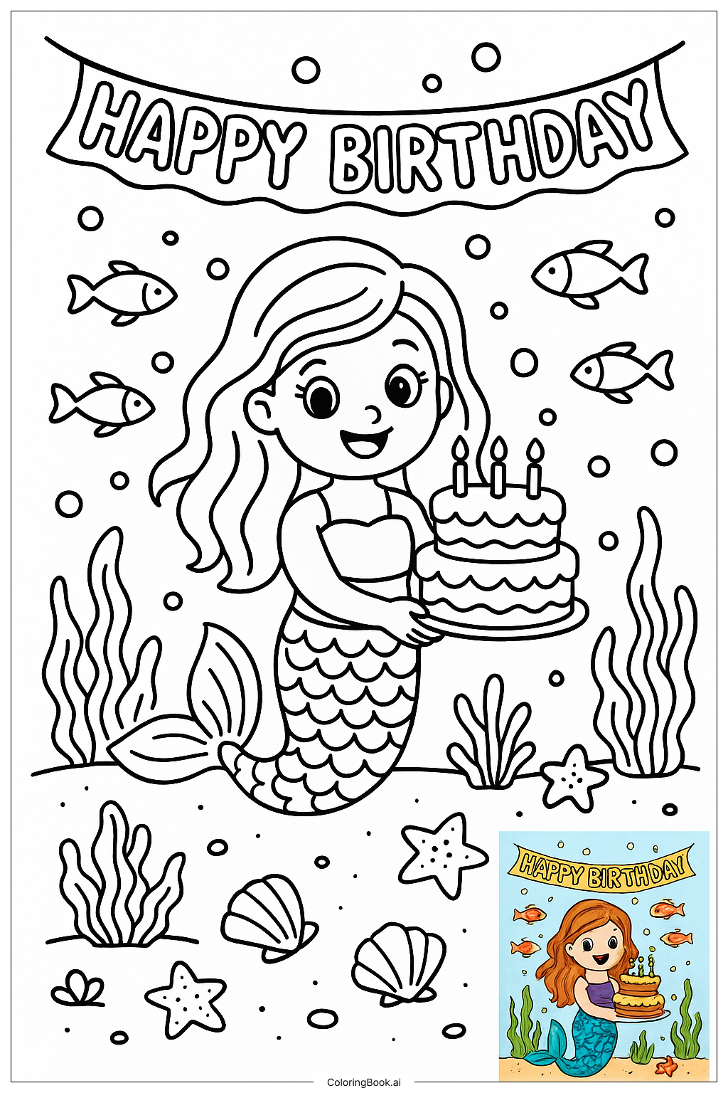  Happy Birthday Underwater Mermaid Theme Coloring Page 