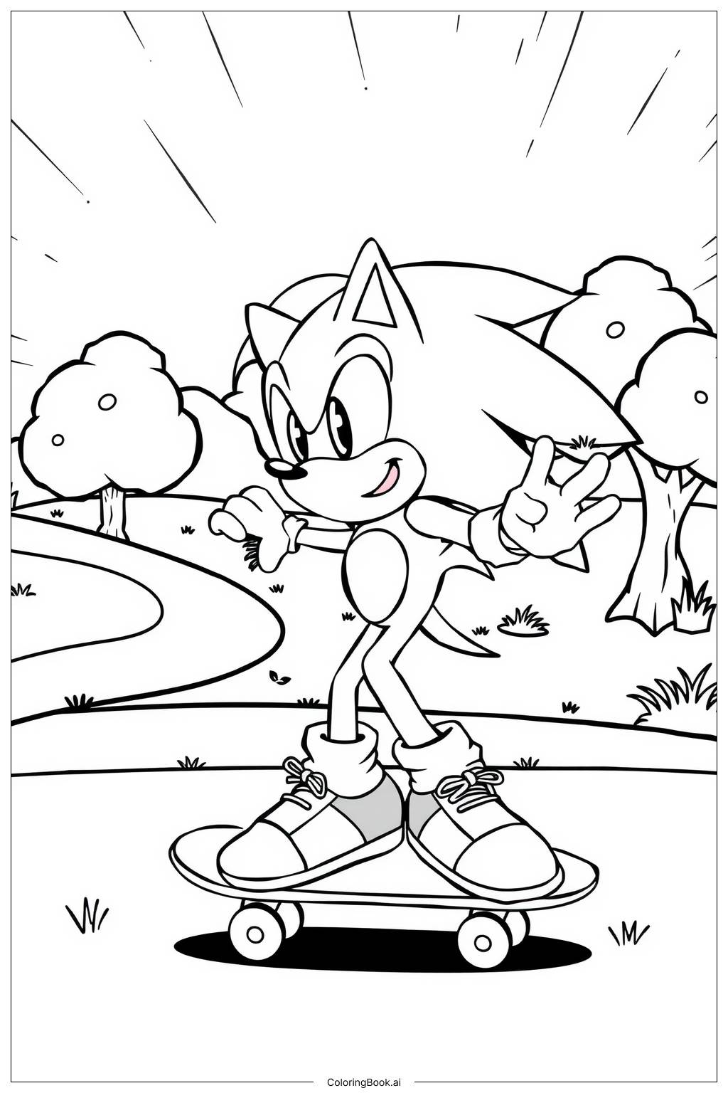  Página para colorir de sonic andando de skate em um parque ensolarado 