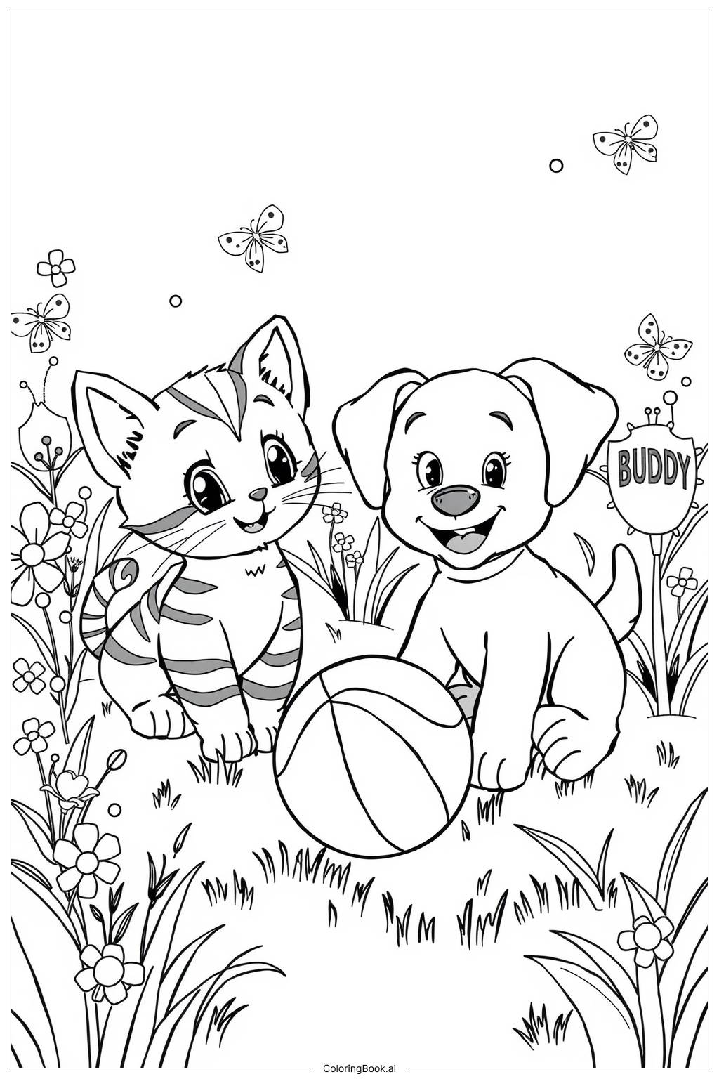  Page de coloriage Une scène de livre d'histoires avec des chatons et des chiots 