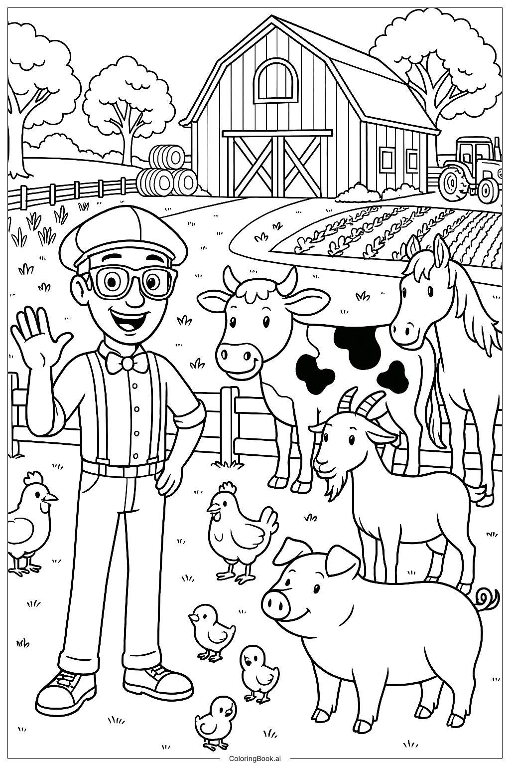  納屋と動物のいる農場のブリッピの塗り絵ページ 