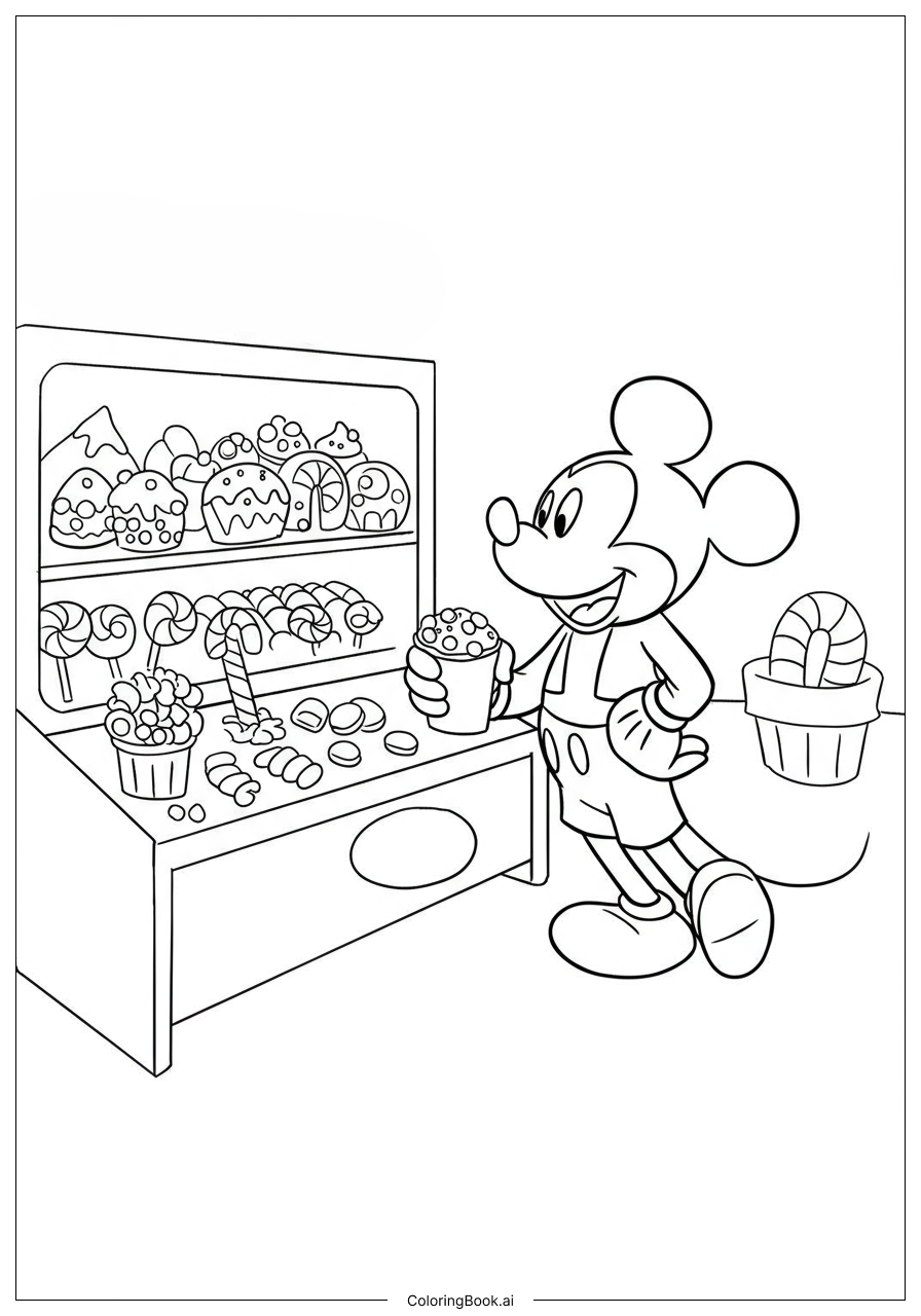  Página para colorear de Mickey Mouse en la fábrica de caramelos 