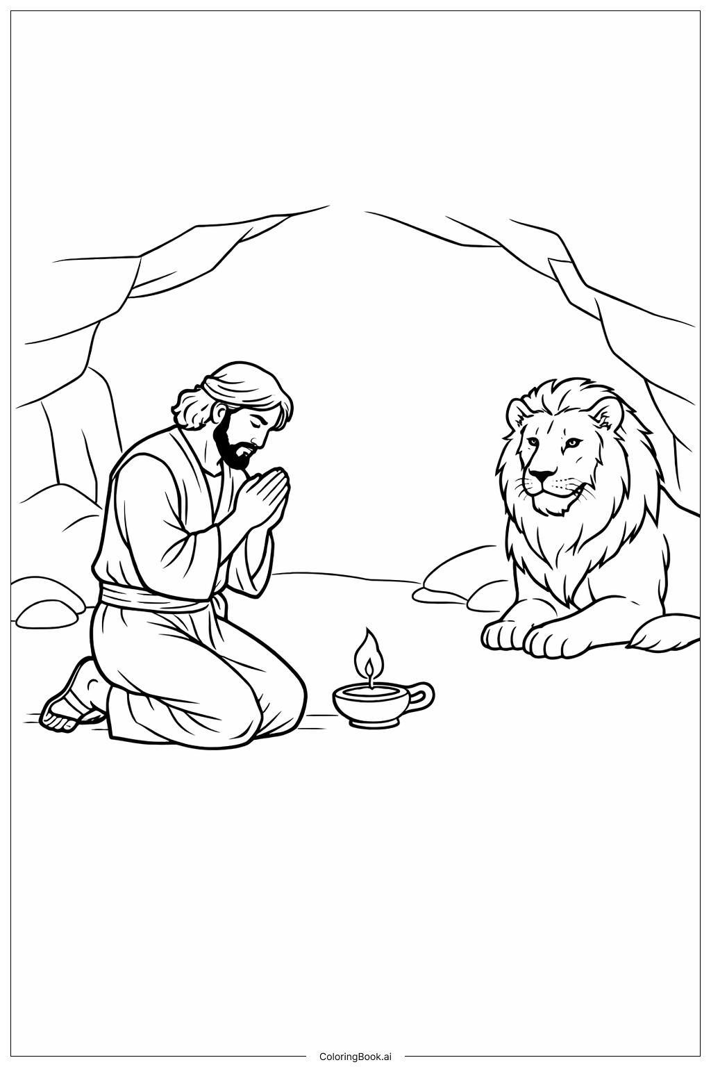 Página para colorear de Daniel y la oración a la luz de la vela en el foso de los leones