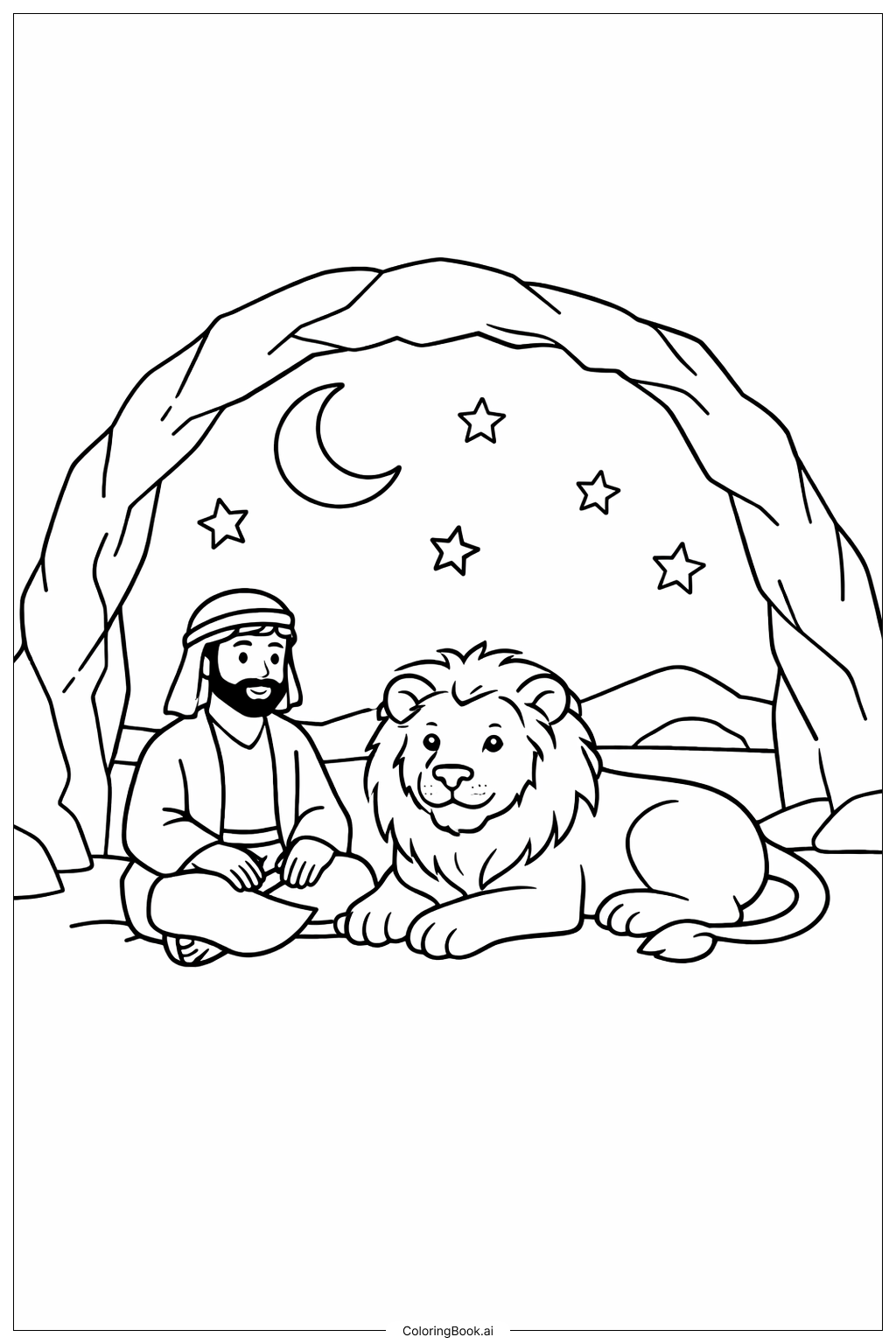  但以理和狮子坑洞穴与简单星星填色页 