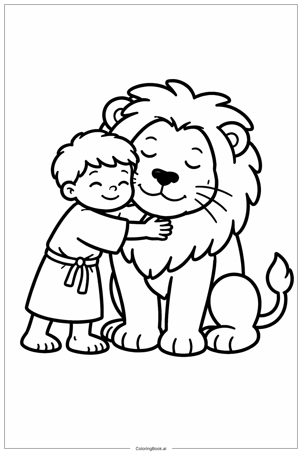 Página para colorear de Daniel y el Foso de los Leones Daniel Abrazando al León