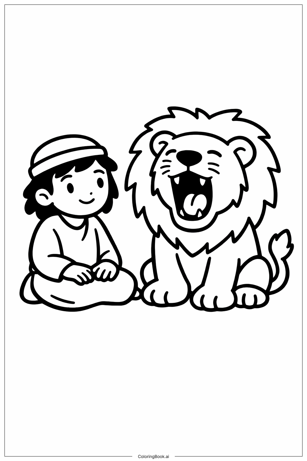 Página para colorear de Daniel y el león bostezando en la cueva