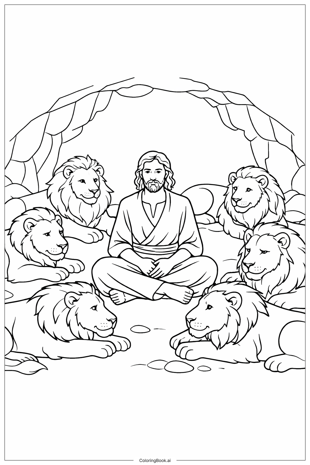 但以理與獅子坑 獅子們環繞著但以理著色頁