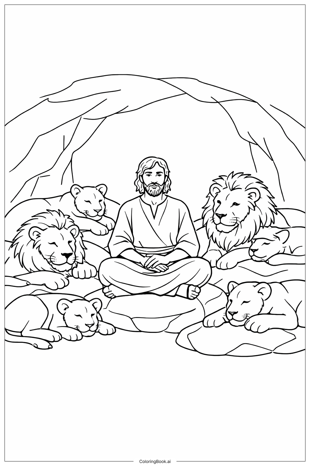 Página para colorear de Daniel y la guarida de los leones con leones descansando cerca