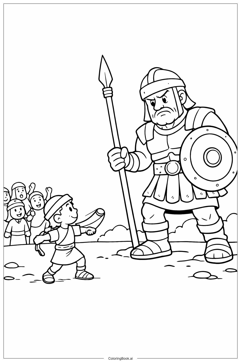  Page de coloriage David et Goliath la foule regarde 