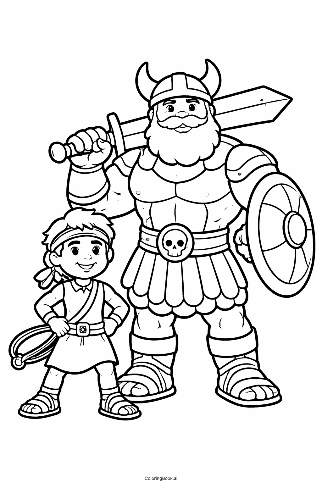  ダビデとゴリアテのヒーローポーズの塗り絵ページ 