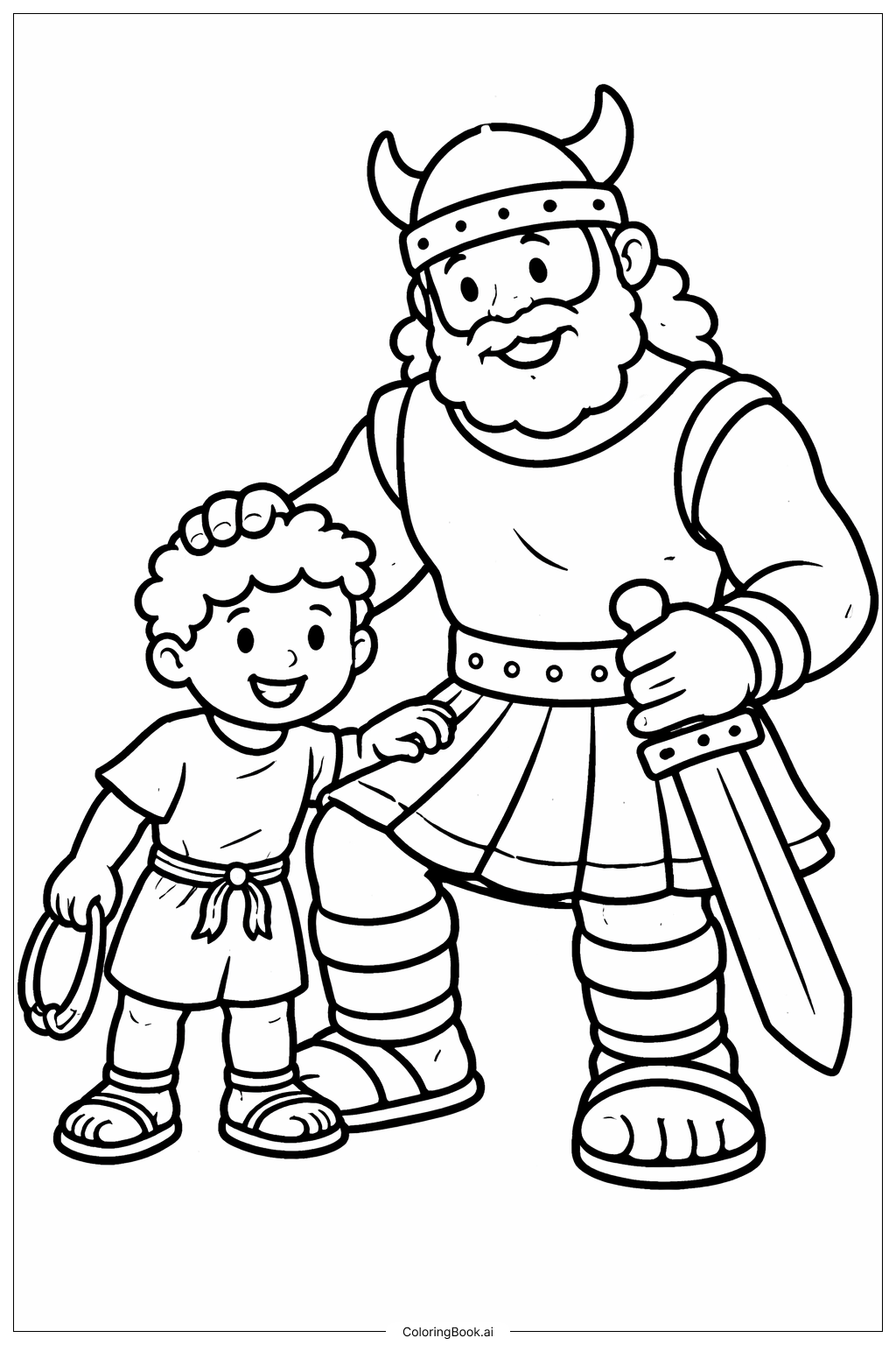  ダビデとゴリアテの平和なシーンの塗り絵ページ 