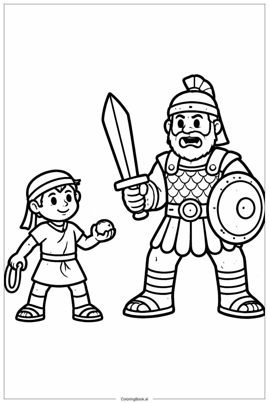 ダビデとゴリアテ 手に岩を持っての塗り絵ページ 