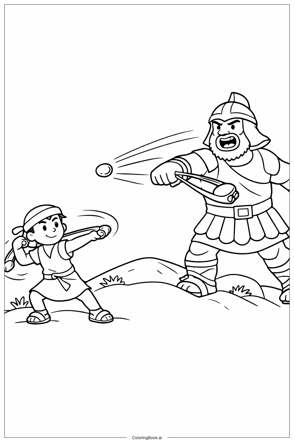  Page de coloriage David et Goliath lançant une pierre 