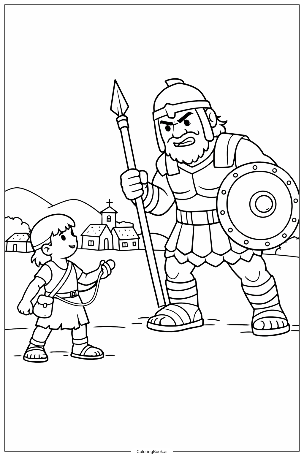  Page de coloriage Scène du village de David et Goliath 