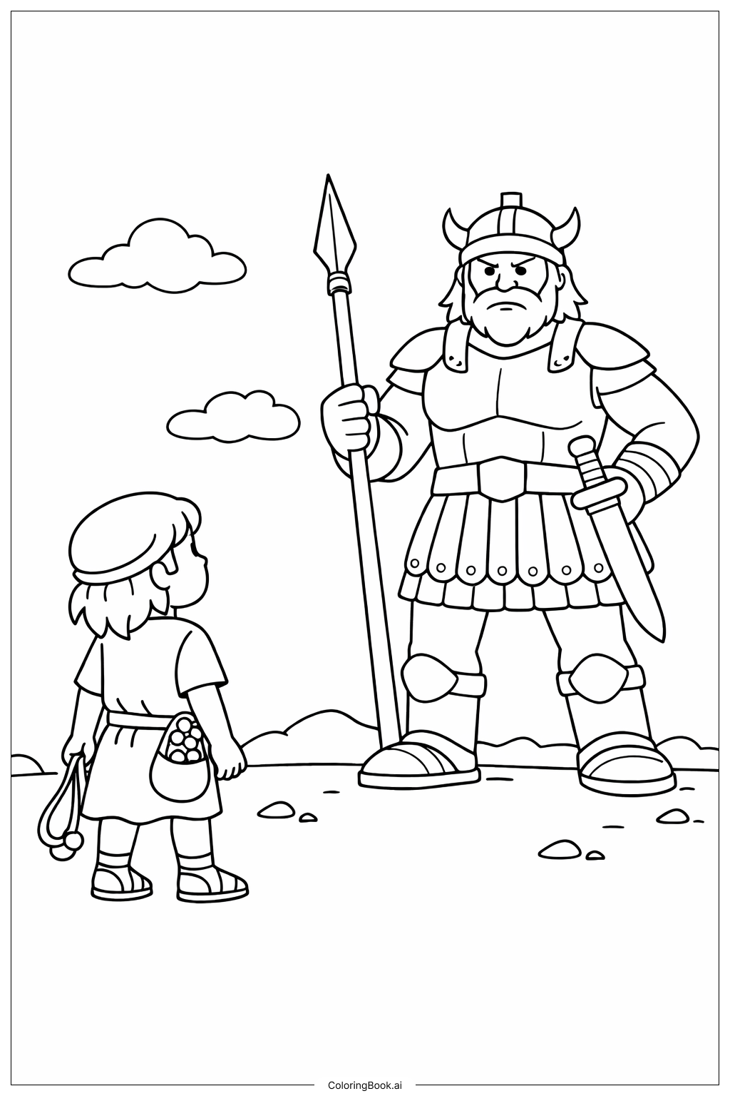  Page de coloriage David et Goliath observant le géant 