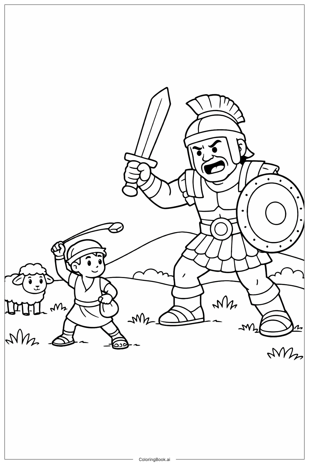  Page de coloriage David et Goliath avec un mouton 
