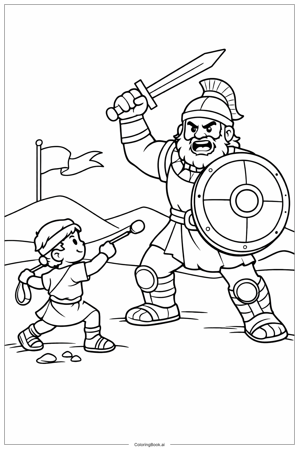  Page de coloriage David et Goliath avec bouclier 