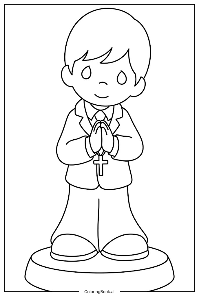  Página para colorear de Niño de Precious Moments rezando con rosario 
