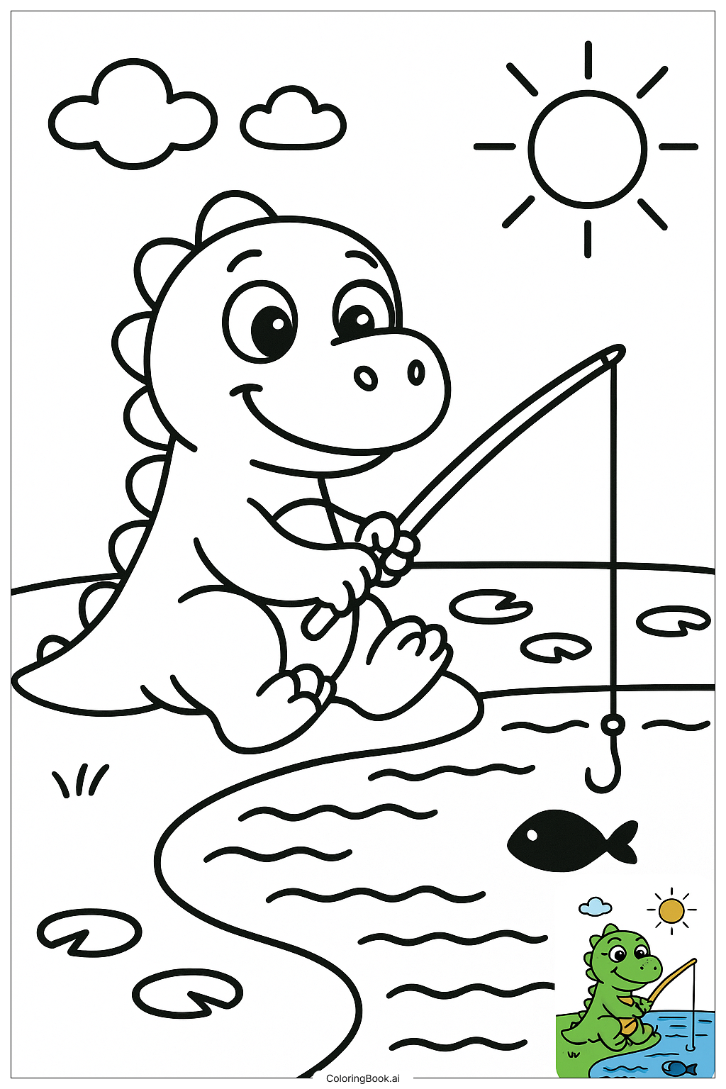 Page de coloriage Pêche de Dinosaure Au Lac 
