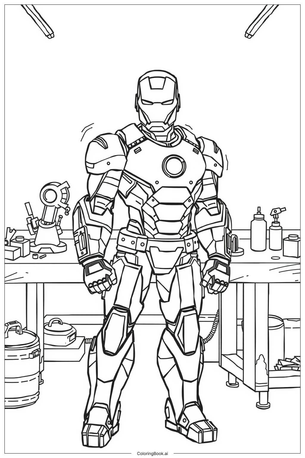  Página para colorear de Iron Man en un Taller de Alta Tecnología 