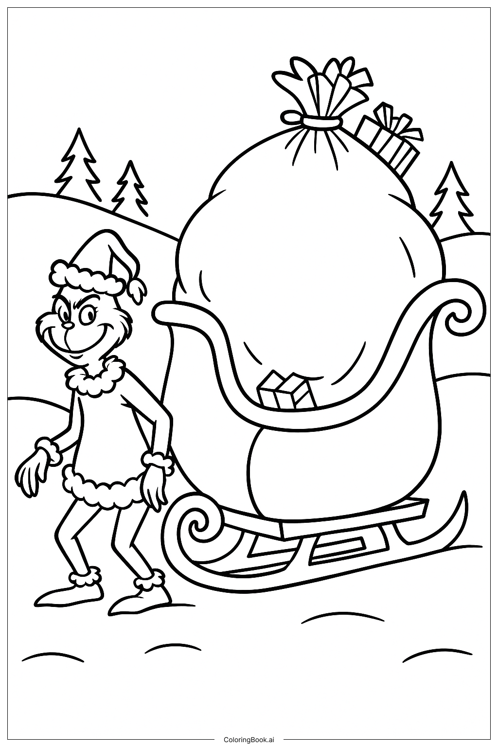  The Grinch With Giant Sleigh Coloring Page 