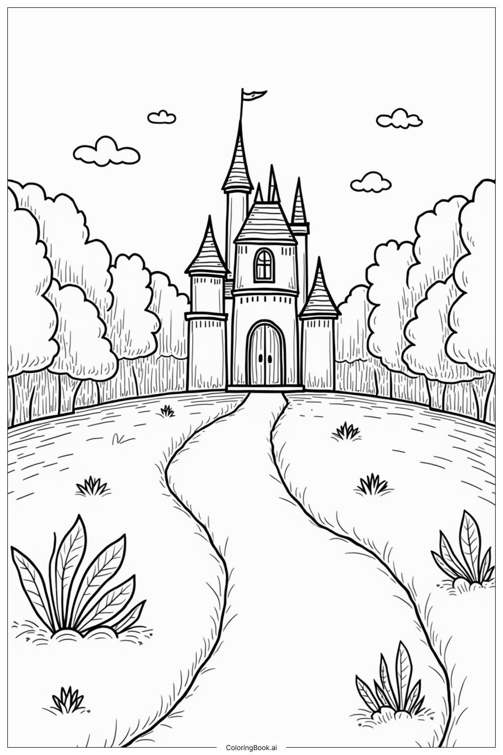  Page de coloriage Jardins du château de princesse 