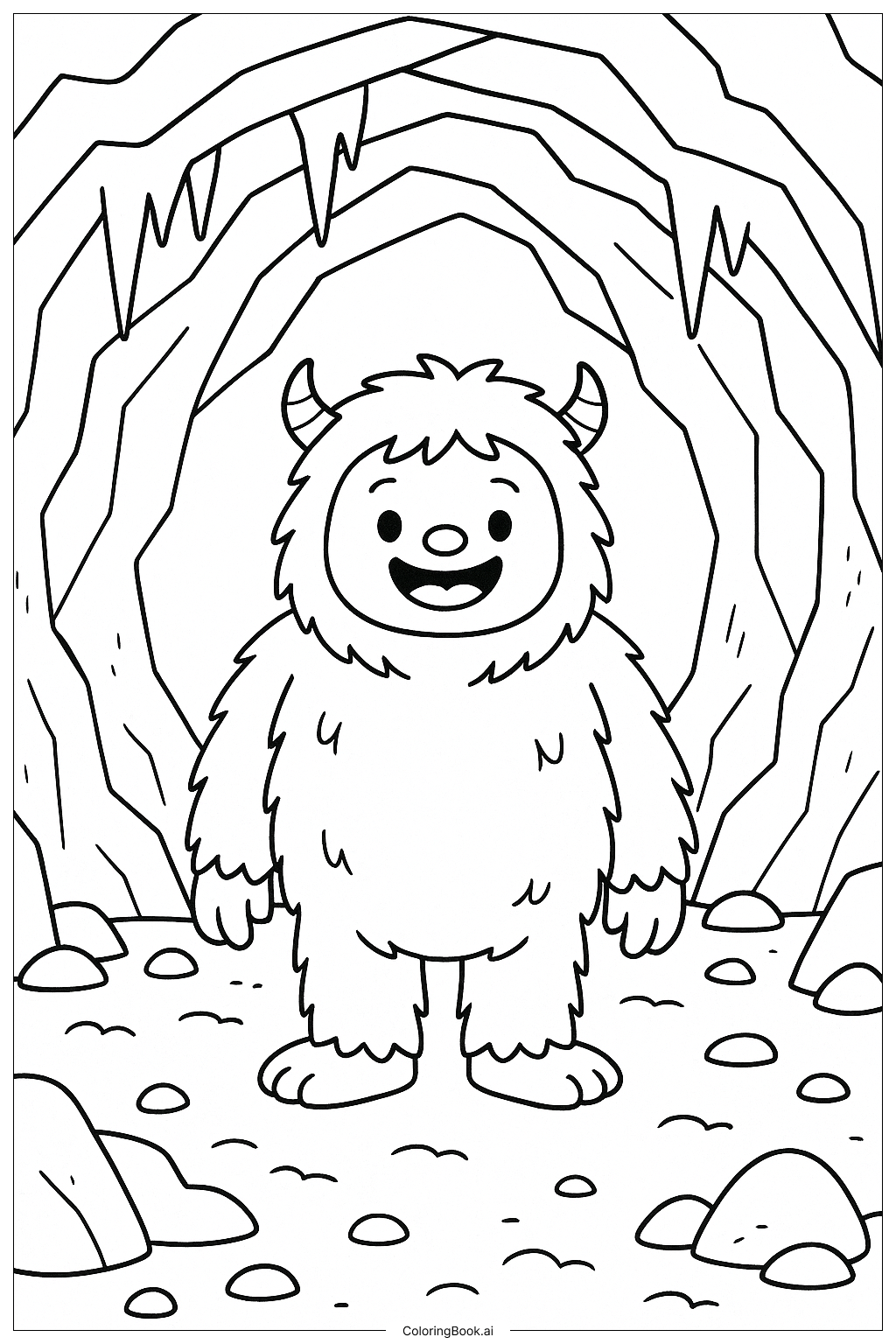  Page de coloriage Yéti à l'intérieur d'une grotte de glace détaillée 
